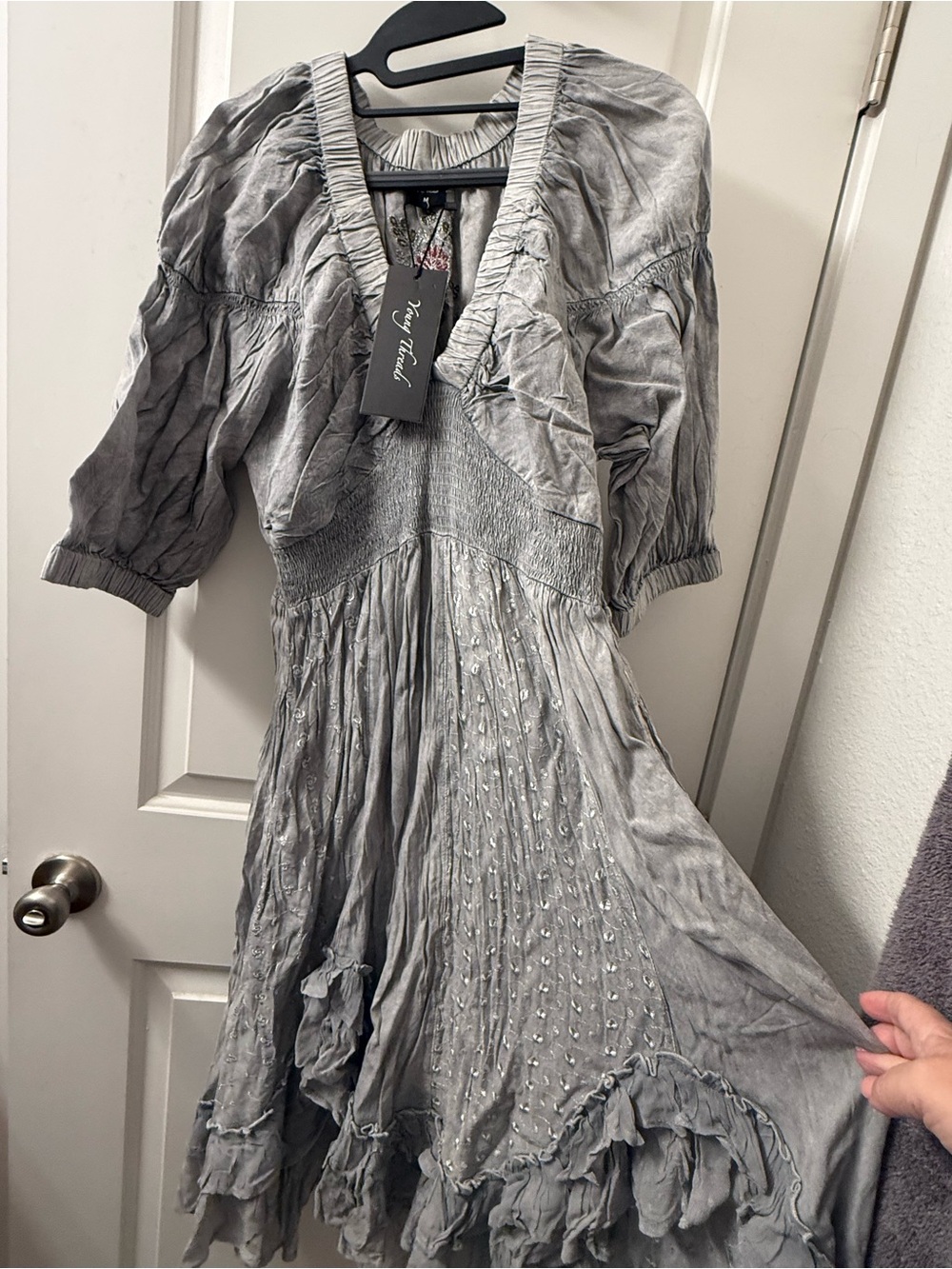 NWT Young Threads Gray Embroidered Boho Midi Dress Ruffle Hem M